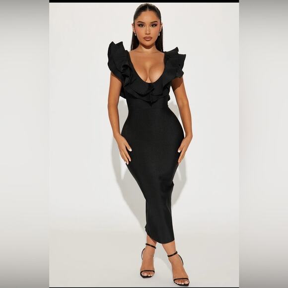 Fashion Nova Black Ruffle Pixie Bandage Midi Dress Pink crepe - Picture 1 of 10